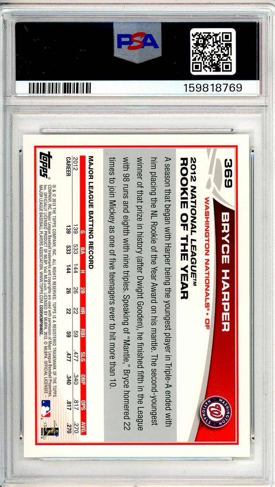 2013 Topps BRYCE HARPER  #369 PSA Grade 9 MINT-Cond "Just Graded INVEST" view 2