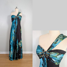 Vintage Prom Dress Maxi Gown 10 Blue Black Floral Silk Burnout Y2K Babydoll Bead