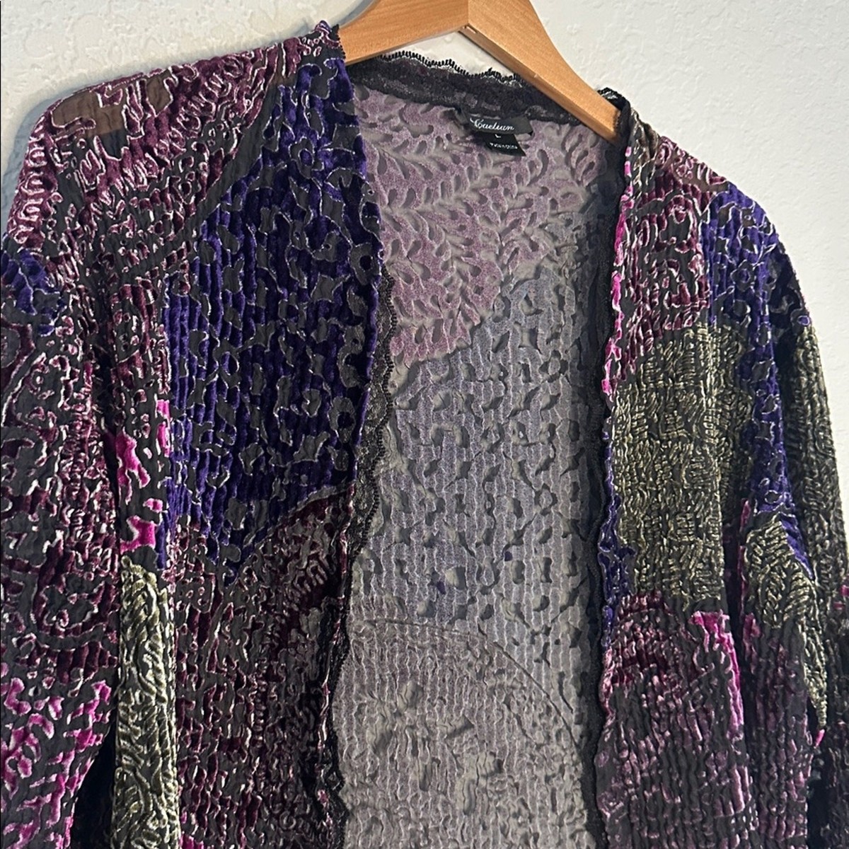 Burnout Velvet Crinkly Open Cardigan Sweater Dark Goth Purple