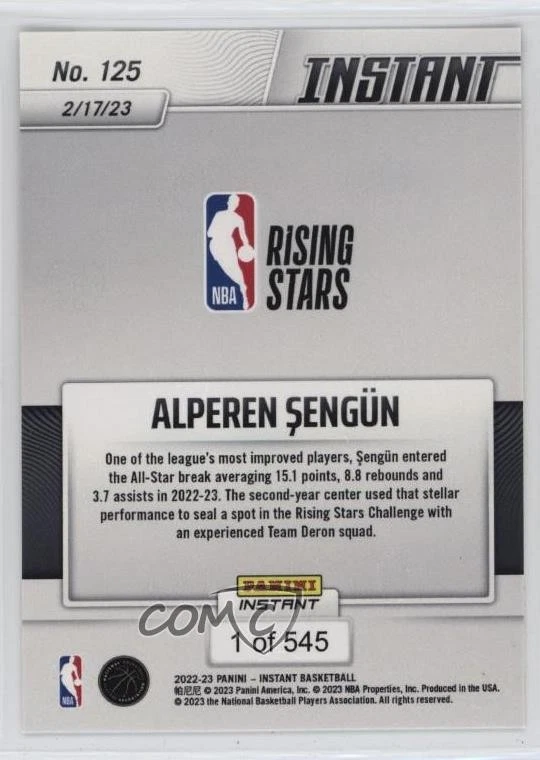 2022-23 Panini Instant Rising Stars /545 Alperen Sengun #125 - Image 2 of 2