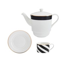Image of Mikasa Luxe Deco Tea for One Set Art Deco Fine China Gold Trim Teapot UK