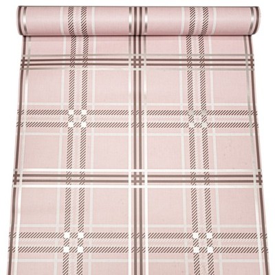 Rosa Tartan Karo Tapete Silber Metallic Schimmer Glatte Oberfläche Feature Wand