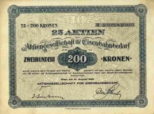 Aktiengesellschaft für Railwaynebeed 1923 Wiedeń Engel Söhne 5000 koron kupony