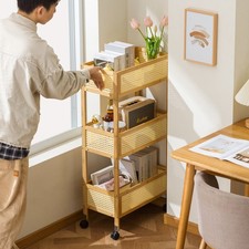 3-Tier Bamboo Trolley Rack Book Magazine Storage Display Shelf Wheels Livingroom