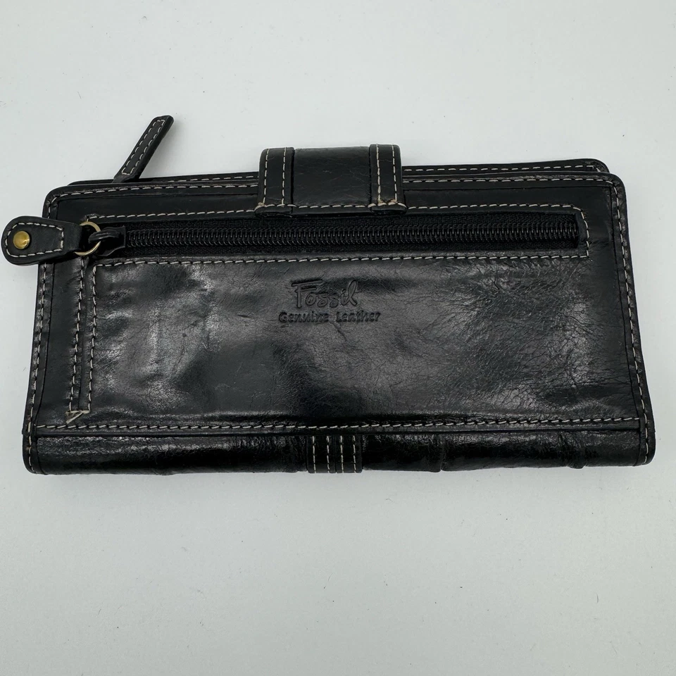 Y2K 化石黑色皮革钱包手拿包钱包打褶波西米亚骑手风格复古  — 第 2/4 张图片