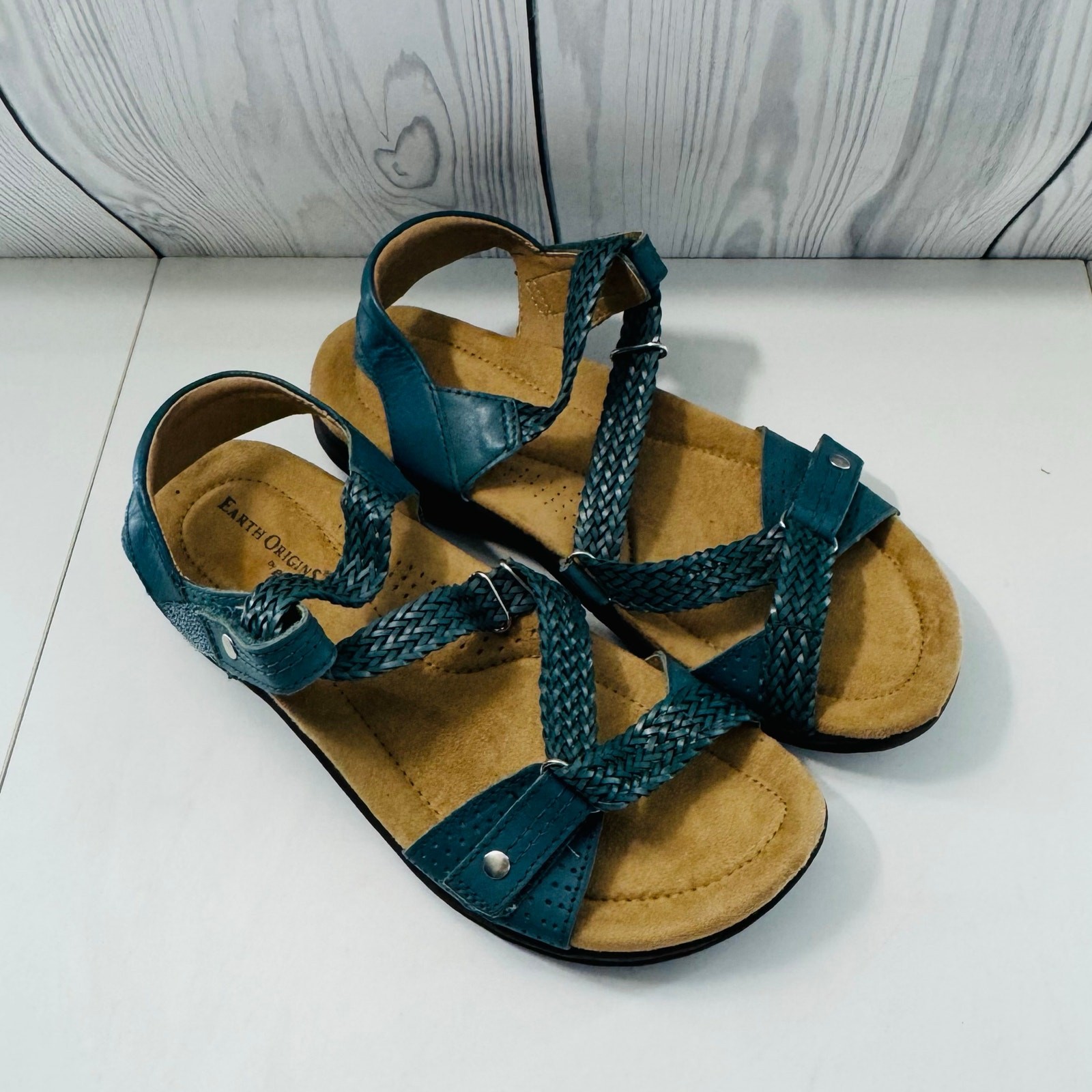 APL Sandali donna Earth Origins Stella blu cinturino intrecciato pelle e tessuto taglia 8