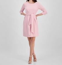 Tahari ASL Women's Pink Solid Scoop Neck 3/4 Sleeve Tie-Waist Dress Size 4