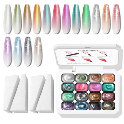 Glitter Pat Gel Nail Polish Palette, 16 Colors Blending Ombre Gel Polish Patt...