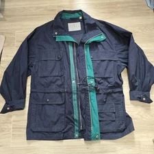 Towne London Fog Jacket Mens XL Blue Pocket Hood Full Zip Long Coat NOTE