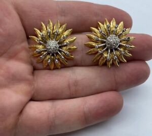 vintage sunflower earrings gold red clip-on earrings cabochon earrings floral flowers vintage earrings vintage jewelry