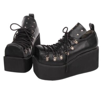 Womens Punk Gothic Square Toe Lace Up Platform Fashion Shoes