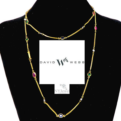 NYJEWEL David Webb 18k Gold 7.1ct Ruby Sapphire Emerald Diamond Necklace 32''
