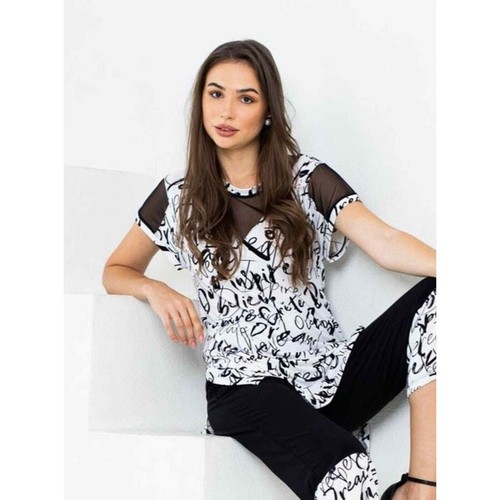 Women's Sheer Tunic Top Size L Black White Print Scoop Neck Artex