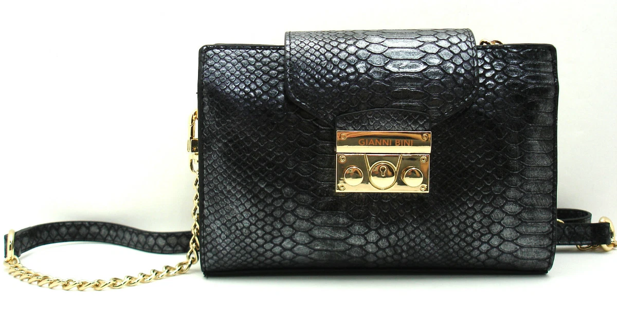 GIANNI BINI Snake Embossed Faux Leather Crossbody Metallic Charcoal Gold