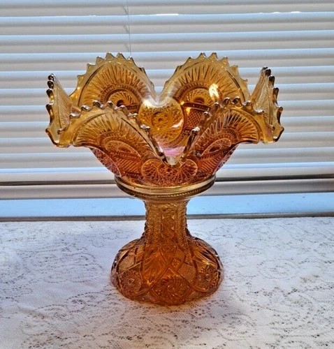 Vtg Imperial Twins Marigold Carnival Glass Fruit Bowl w/Base Ruffled 9" Compote