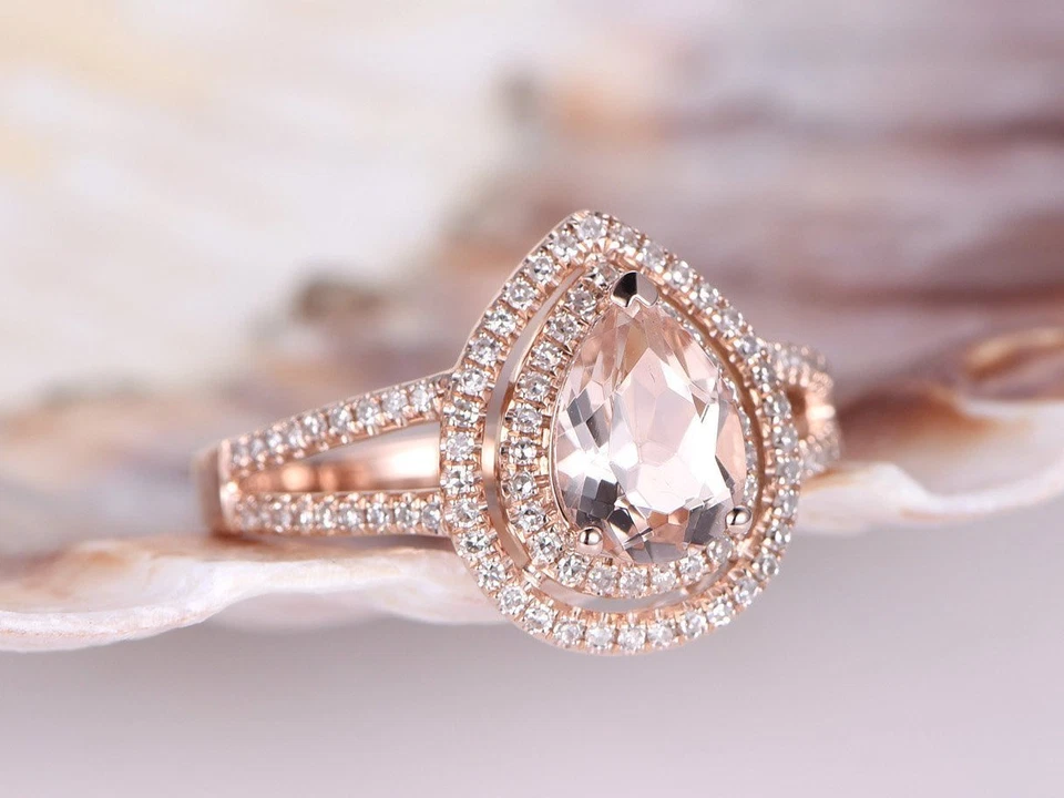 1.2ct Lab-Created Peach Morganite Double Halo Engagement Ring Rose Gold Plated - Image 2 of 4
