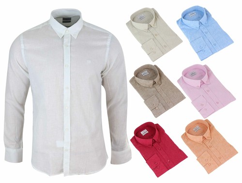 Mens Linen Shirt Cotton Button Collar 