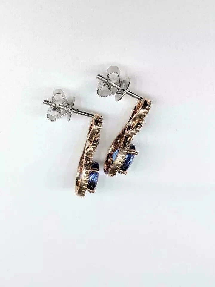 Pendientes colgantes/gotas de tanzanita simulada de corte ovalado de 2 quilates enchapados en oro amarillo de 14 quilates Foto 4 de 4
