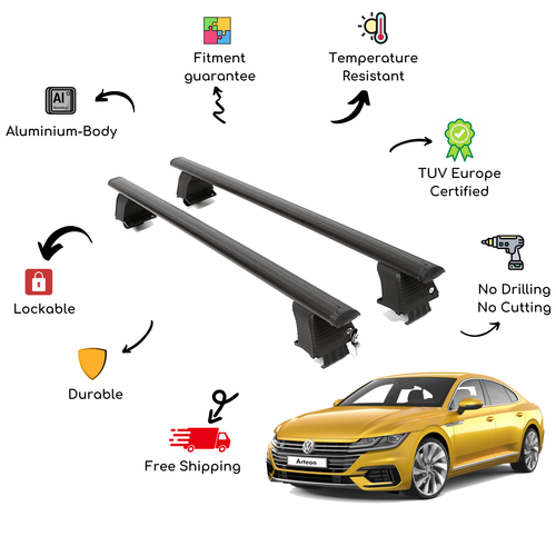 Bare Roof Rack Cross Bars Set for VOLKSWAGEN Arteon 4 Door 17Up Black