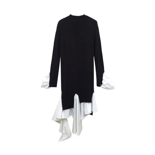 Damen Pulloverkleid hochgeschlossen Patchwork Langarm schmal Strick asymmetrisch - Bild 6 von 6
