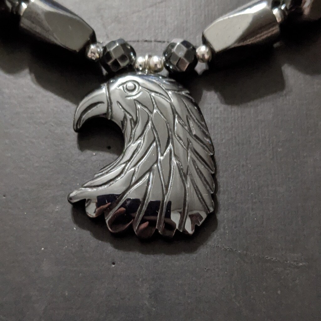 Black Hematite Gemstone Eagle Beaded Pendant Stat… - image 2