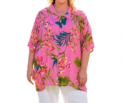 On The Plus Side Short Sleeve Ibiza Shirt - Plus Pink Palms