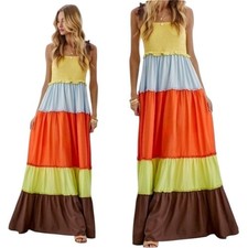 Davi & Dani Colorblock Tiered Maxi Dress Small Smocked Boho Summer Sun Dress