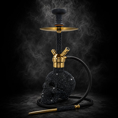 19'' MOB Swarovski Black Diamond Skull Hookah | Gold | Premium Luxe Hookah