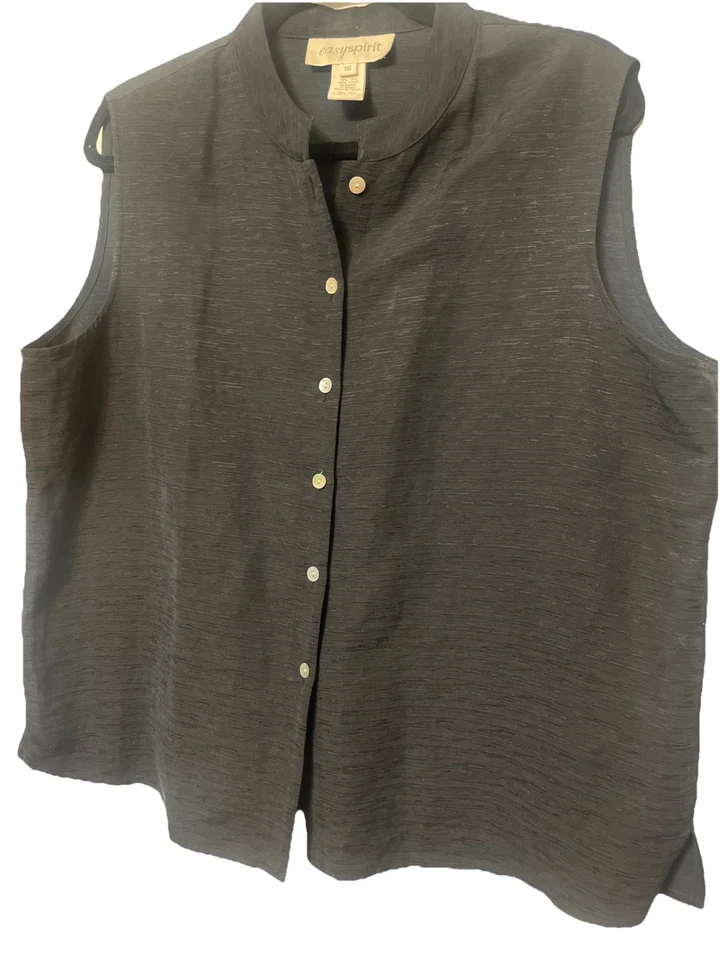 Blusa sin mangas Easy Spirit vintage mezcla de lino seda botones abulón negro Foto 3 de 4