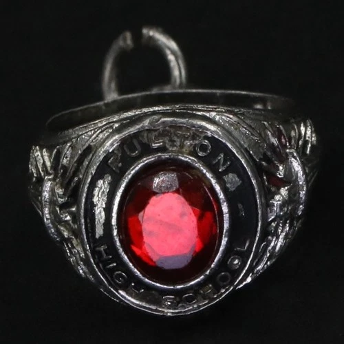 VTG Sterling Silver - Red Rhinestone High School Class Ring Bracelet Charm - 3g