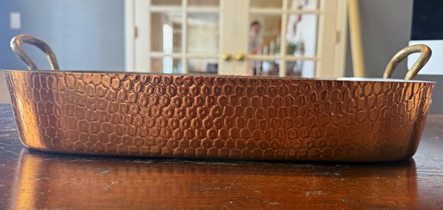 Vintage Hammered Copper Roasting Pan 15”x 11”x 2 1/2”Brass Handles Made in Korea