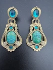 Art Deco Style Costume Jewelry Pierced Earrings Teal And Gold Tone Vintage