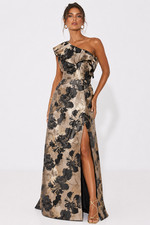 ADRIANNA PAPELL Metallic Jacquard Ruffle One Shoulder Hi-Slit Maxi Gown Dress 8