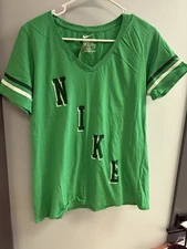 Nike Green V-Neck Graphic Tee Short Sleeve Striped Athletic Shirt XL