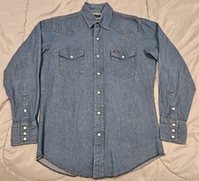 Vintage Wrangler Denim Shirt Mens M Pearl Snap Blue USA Made Cowboy Western