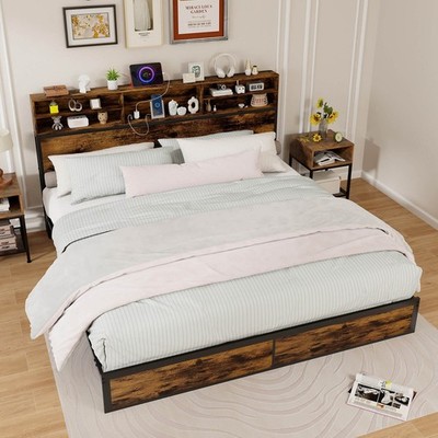 King Bed Frame w/Charging Station Storage Headboard Under-bed Storage Space