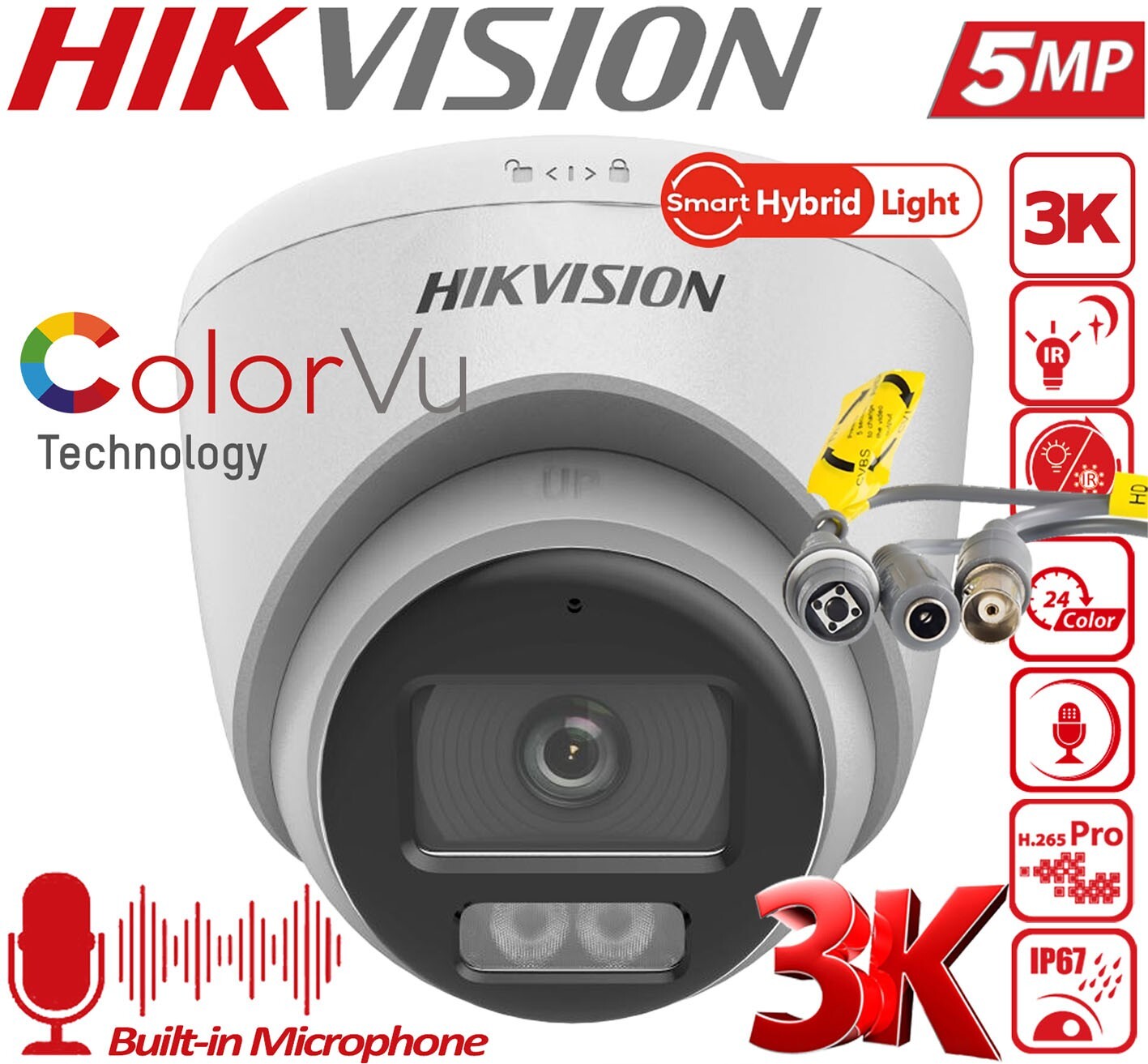 Hikvision 5MP Turret CCTV Camera IP67 DS-2CE72KF0T-LFS Audio Smart Light Outdoor