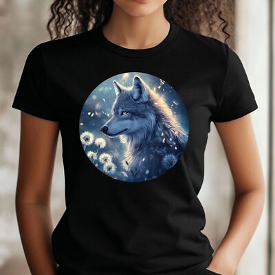 Women's Wolf Dandelion Print Cotton T-Shirt Size S to 3XL