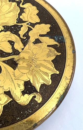 Wadsworth Powder Compact 1940s Brass Etched Florals on Sparkly Black 3in Vintage - Afbeelding 17 van 17