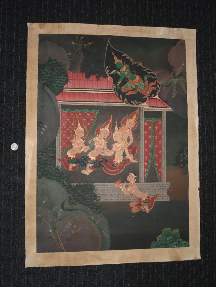 Antigua pintura religiosa budista de finales del siglo XVIII sobre tela/lienzo de Tailandia Foto 3 de 4