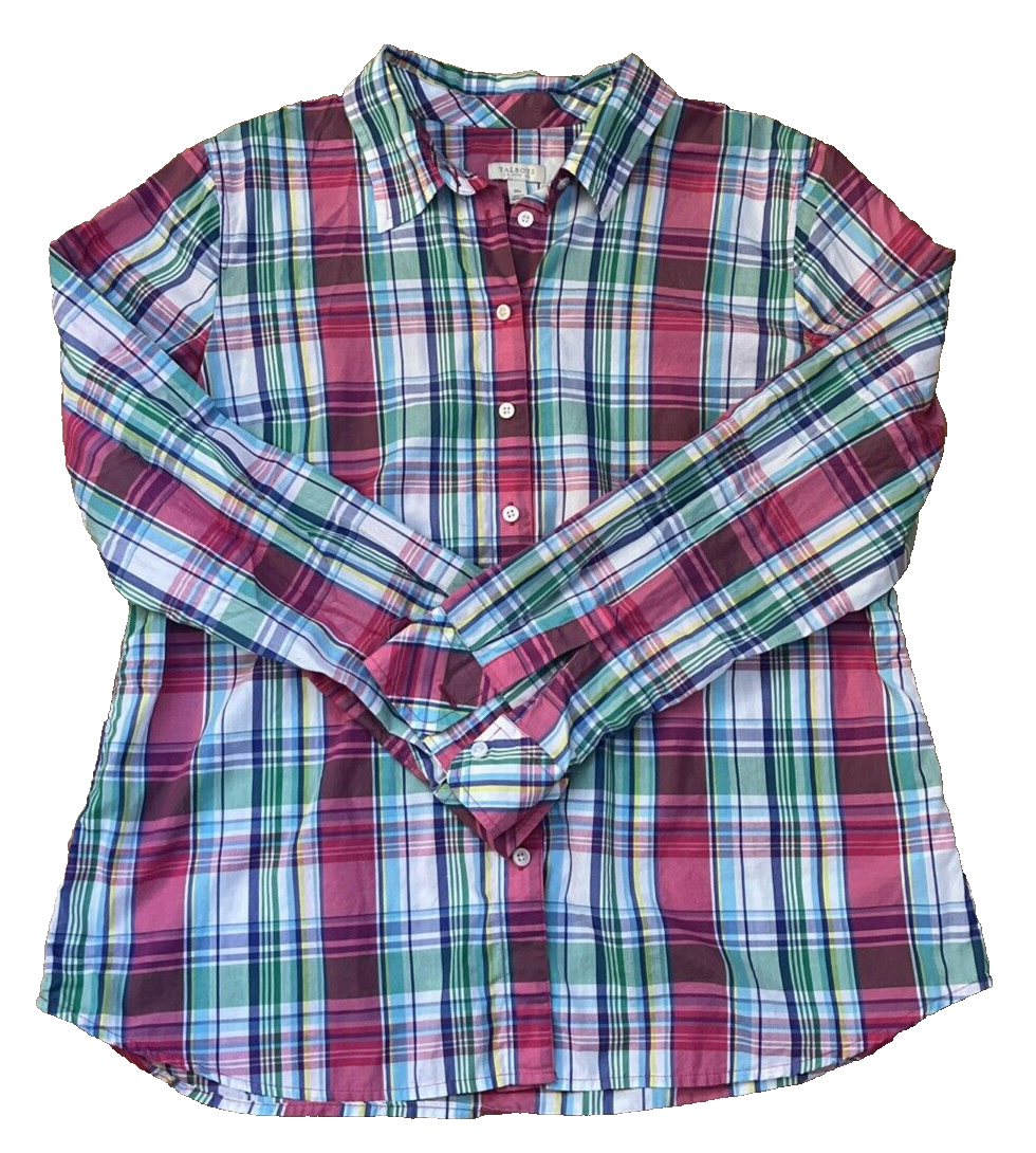 Talbots Womens Button Front Blouse Cotton Plaid Petite Medium