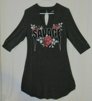 savage t shirt dress Sweet Daisy T-shirt Mini Dress Size XL Long Sleeve Savage Fangs Roses  Keyhole