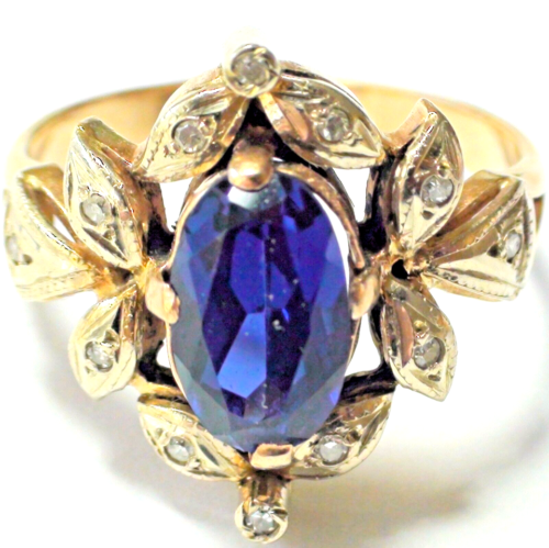 VINTAGE! 14K SOLID YELLOW GOLD REAL DIAMOND,ROYAL LAB CREATED SAPPHIRE RING.7.75 - Picture 1 of 10