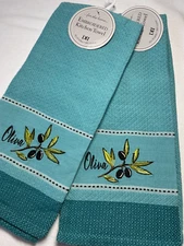 DII FOR THE HOME EMBROIDERED KITCHEN TOWELS OLIVES TURQUOISE 100% COTTON NWT