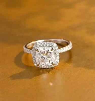 Real Moissanite 2.90Ct Cushion Cut Halo Engagement Ring 14K White Gold Plated