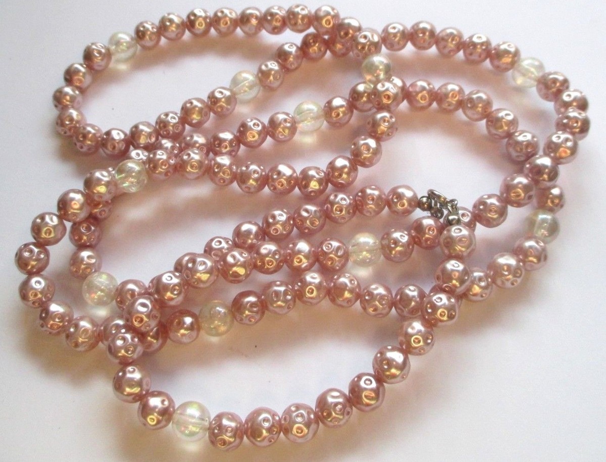 Collier Sautoir Vintage Perles De Verre Rose - Longueur 1,3 M - Très Bon état