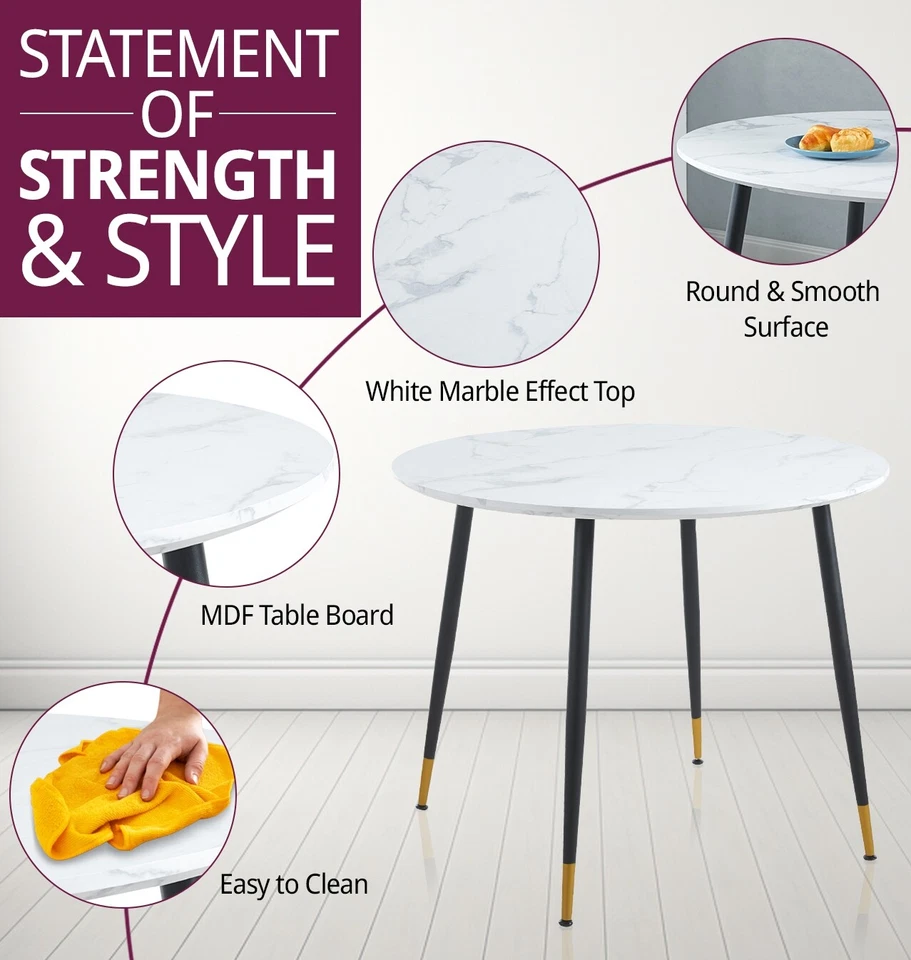 Dining Set, Small Marble Top Round Kitchen Table and 4 Grey Fabric Dining Chairs - Image 4 of 4