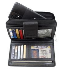 RFID Blocking Leather 2 Zip Wallet for Women Credit Card Holder Strap Closed Org