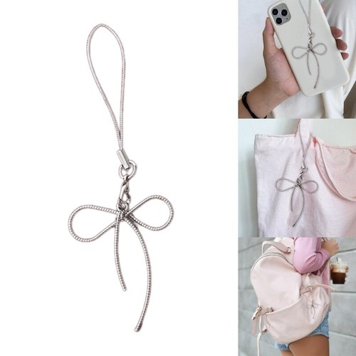 Bowknot Pendant Phone Strap Lanyard Silver Color Keychain Backpack Charm Car Key - Zdjęcie 4 z 8