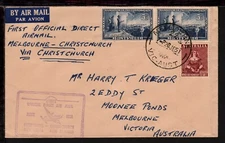 AUSTRALIA 1951 MELBOURNE - CHRISTCHURCH  AIRMAIL COVER 5½d Pair FOUNDATION STAMP